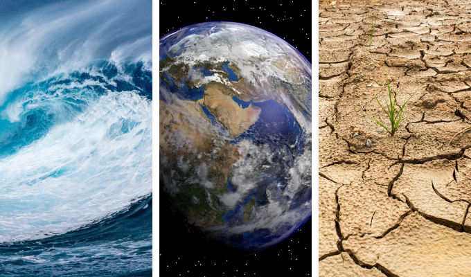 El Niño: três imagens lado a lado contendo uma onda, o Planeta Terra no centro e um solo com erosões pela seca