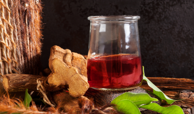 Psicoativos: um copo contendo chá de ayahuasca e rodeado pelas raízes e ervas que compoem a bebida