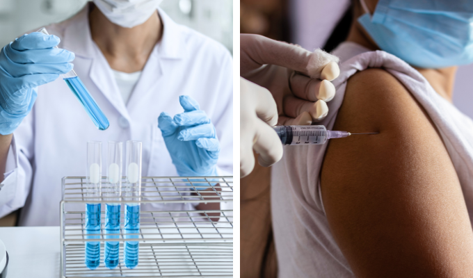 Pesquisa translacional: um cientista desenvolvendo uma vacina e o imunizante sendo aplicado em uma pessoa