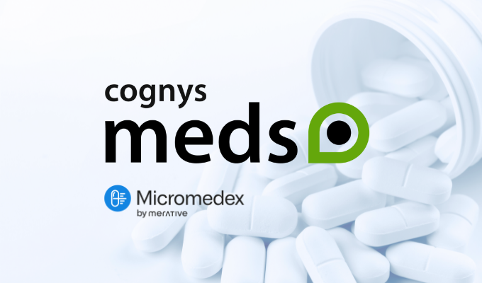 Farmácia clínica na UTI: logo do Cognys Meds e da Micromedex Merative